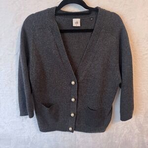 Cabi Charcoal Grey Pearl Button V-Neck Cardigan Sweater Womens Size M